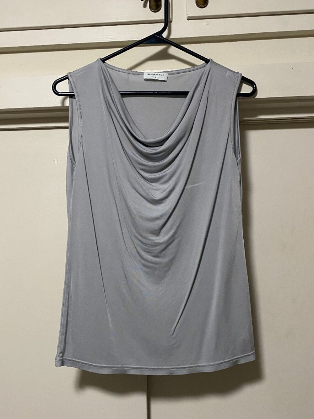 Grenasa Silk, sleeveless, cowl neck, silver-gray blouse, size M